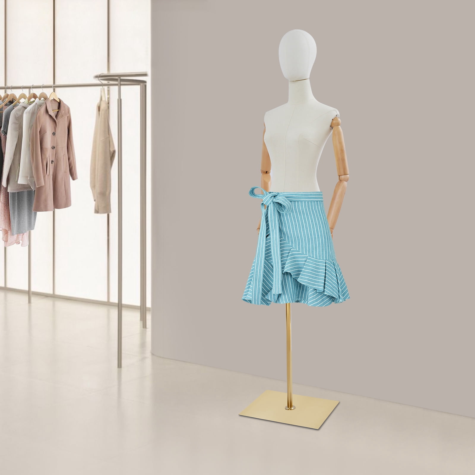 Female Mannequin, Female Dress Form Display, Adjustable Height（White + Wood Color + Golden）