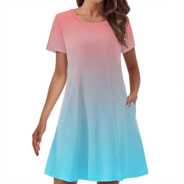 AherBiu Robe T-Shirt pour Femme Coupe Ample Été Décontractée Ligne A Robe Courte Tendance Couleur Dégradée Robe Mini avec Poches