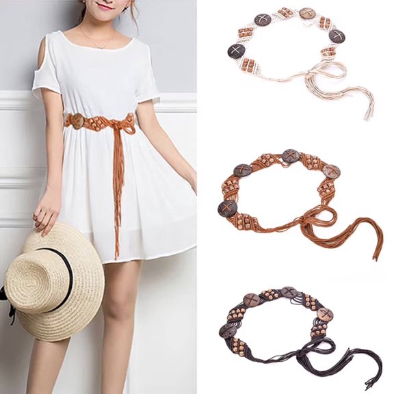 WHEANG Women's Wide Waist Belt Macrame Belt Casual Beach Belt Vintage Handmade Waist Belt Wax Rope Hand Woven Belt for Women Bohemian Style Fashion Stretch Belt Brown One Size