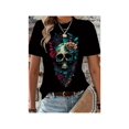 thumbnail image 1 of Women's Casual Crew Neck T-Shirt with Floral Skull Print, Polyester and Spandex Blend, Knit Fabric, Regular Length, All-Season Top, 1 of 7