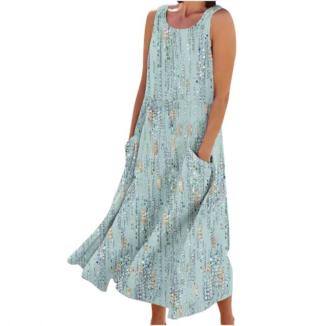Birdeem Robes pour Femmes Robe Longue Sans Manches en Coton et Lin à Col Rond Imprimé