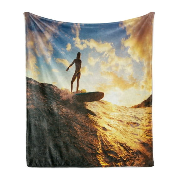 Ride the Wave Soft Flannel Fleece Throw Blanket, Sunset Surf in the Ocean Young Woman Under Dramatic Sky Exotic Hobby Image, Cozy Plush for Indoor and Outdoor Use, 70" x 90", Sepia Blue, by Ambesonne