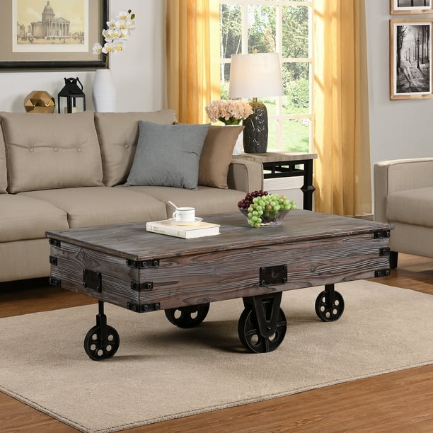 Linden Farmhouse Factory Cart Coffee, Rustic Factory Cart Coffee Table