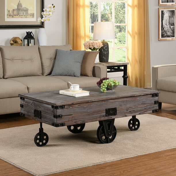 Firstime Co Linden Farmhouse Factory Cart Coffee Table American Crafted Rustic Gray 47 25 X 27 5 18 In 70114 Com Linden Farmhouse Factory Cart Coffee, Rustic Factory Cart Coffee Table