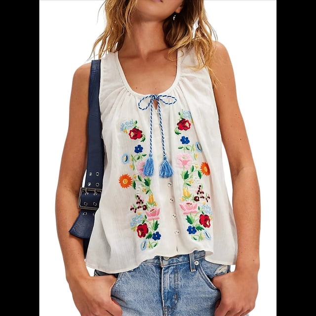 Blusas Bordadas con Flores para Mujer, Cuello en U, Flecos y Lazo Frontal, Camisetas Sin Mangas Holgadas Estilo Bohemio . L
