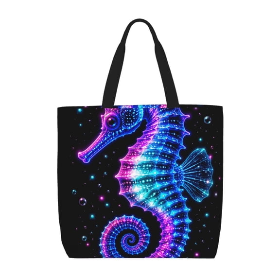 Neon Seahorse Glow Art Tote Bag Reusable Shoulder Handbag Top Handle Purse for Shopping Work