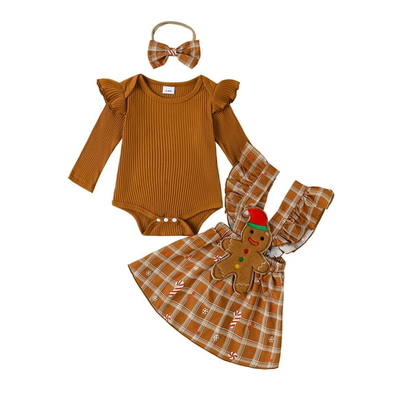 Baby Toddler Girls Fall Outfit 0 3 6 12 18 Months Long Sleeve Romper and Christmas Tree Plaid Print Suspender Skirt Cute Headband 3 Piece Clothes