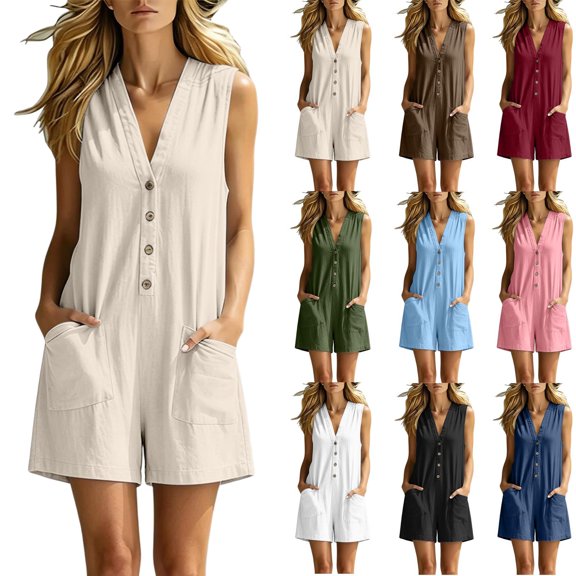 Purcolt Summer Rompers for Women V-Neck Sleeveless Button Front Romper Casual Loose Fit Cotton Short Jumpsuit with Pockets