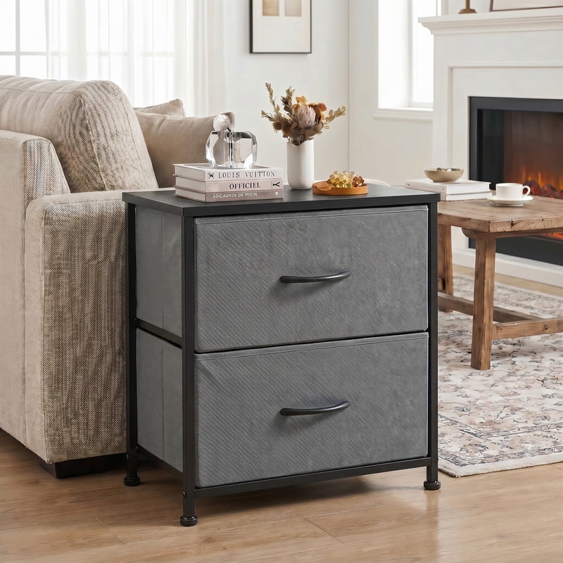 BEAUTYPEAK Nightstand 2-Drawer Fabric Dresser Bedside Table with Wooden Top Adjustable Feet, Gray
