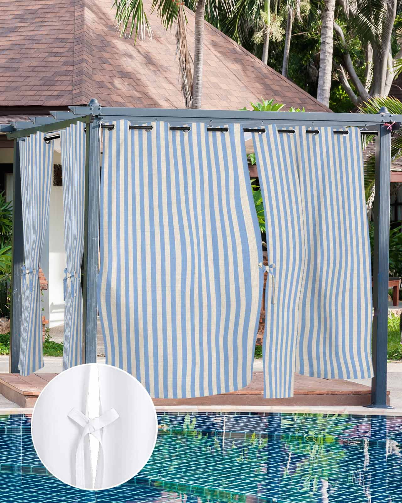 Blue Striped Outdoor Curtains for Patio, Modern Simple Farmhouse Beige Vintage Privacy Drapes Grommet Waterproof Outside Curtains for Porch/Cabana/Balcony 54"x 95", 2 Panel