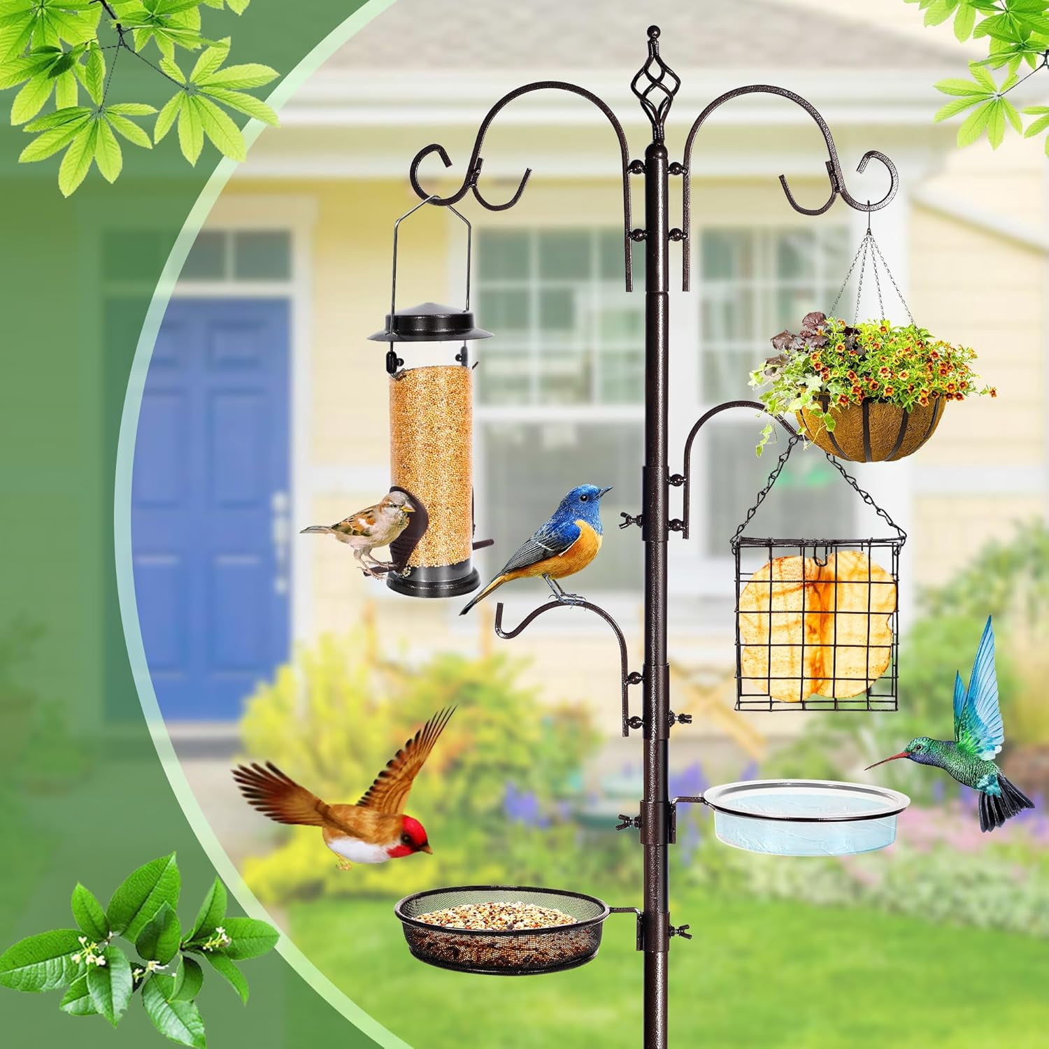 6-Hook Bird Feeding Station Kit Wild Bird Feeder Stand Pole, Multi-Feeder Hanging Kit Stand with Water Bowl