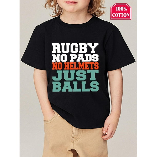 Rugby T-shirt -Themed Youngsters' Cotton T-Shirt - "RUGBY NO PADS NO HELmets JUST BALLS" Fun Letter Print, Crew Neck, Short Sleeve, Casual & Comfortable, Perfect Gift for Boys, Spring/S
