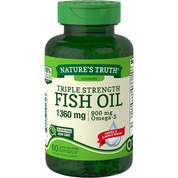 Triple Strength Fish Oil Omega 3 Pills 1360 mg | 60 Liquid Softgels | by Nature's Truth