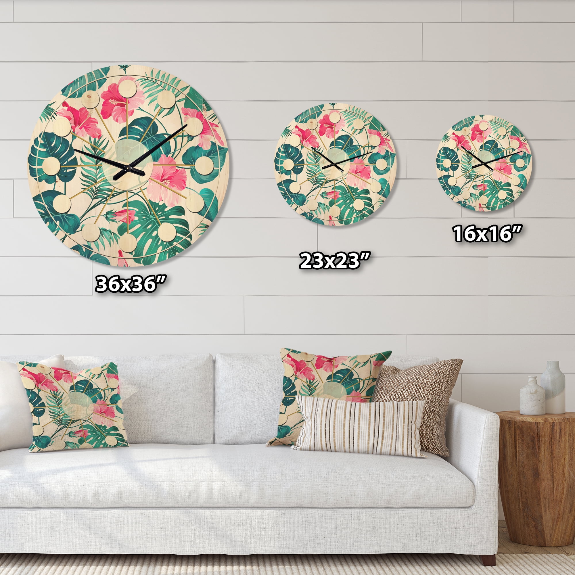 Designart 'Flowers and Tropical Botanicals I' Mid-Century Modern Wood Wall Clock