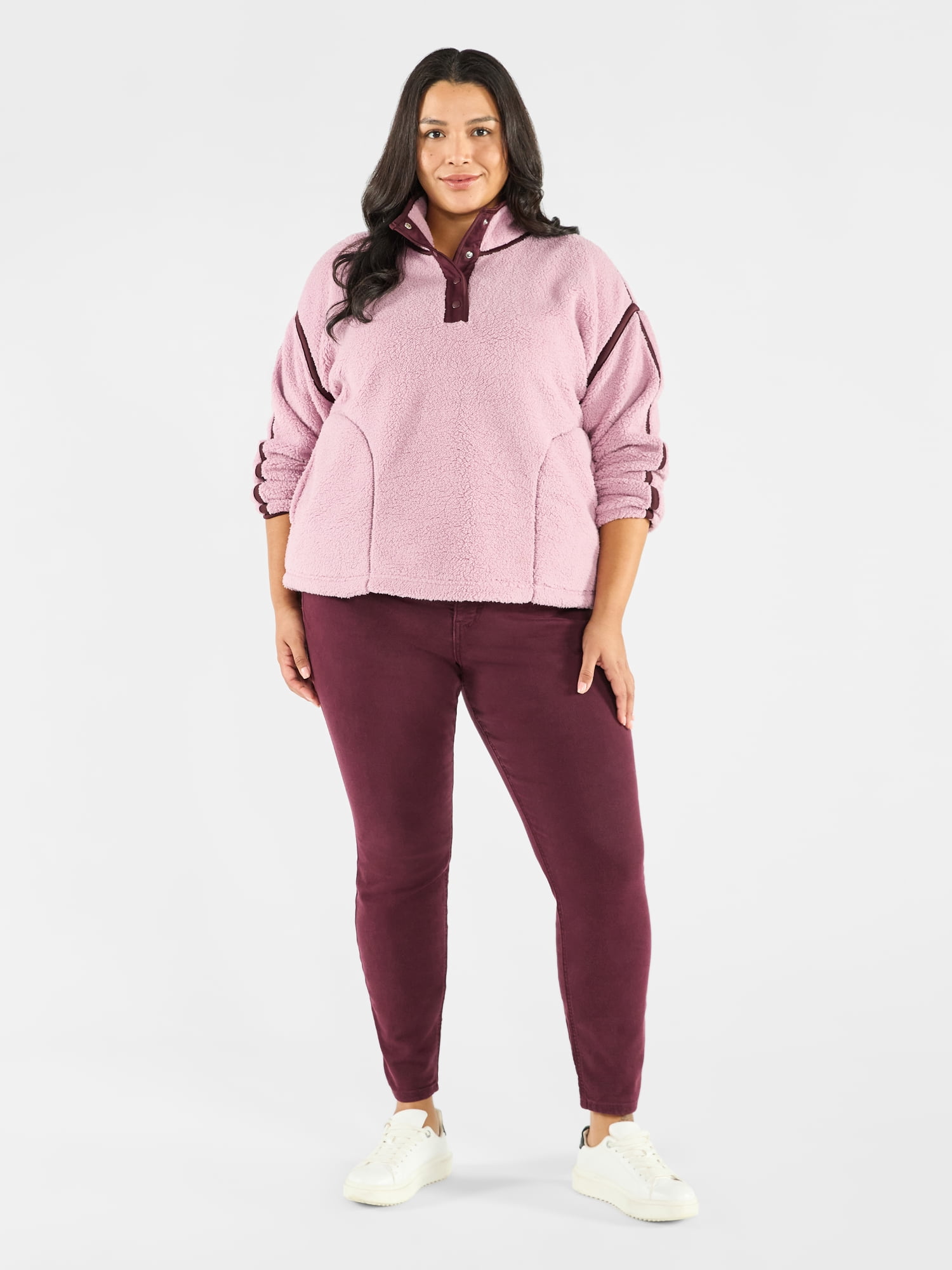 Terra & Sky Women's Plus Size Faux Shearling Quarter Snap Pullover, Sizes 0X-4X