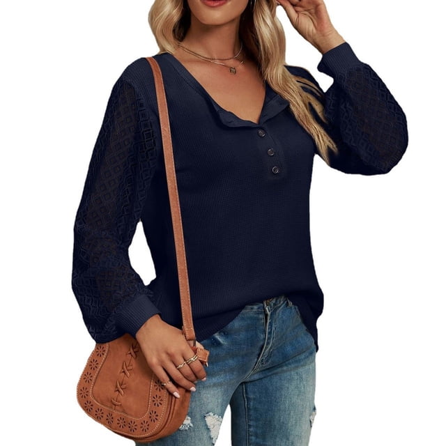 Camisas con costuras de encaje para mujer Camisas con cuello redondo y botones en la parte delantera Jersey cómodo de manga larga