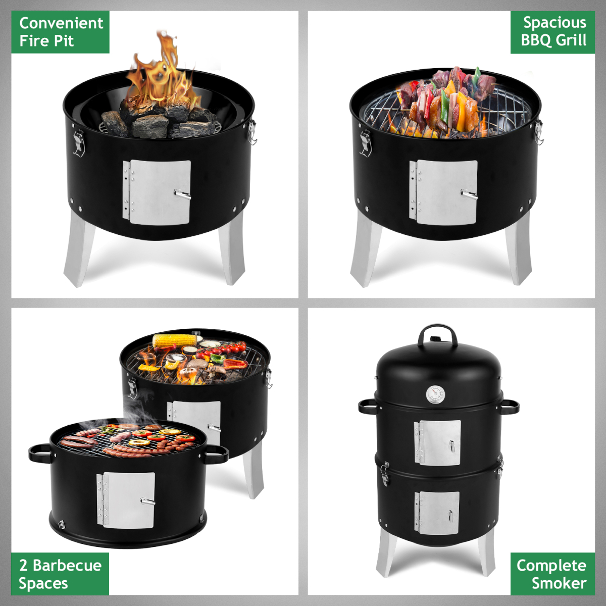 Vertical 18.5'' Steel Charcoal Smoker, Heavy Duty 3-in-1 Double Layer Round BBQ Grill with Built-in Thermometer and Adjustable Vent, for Outdoor Cooking, Black