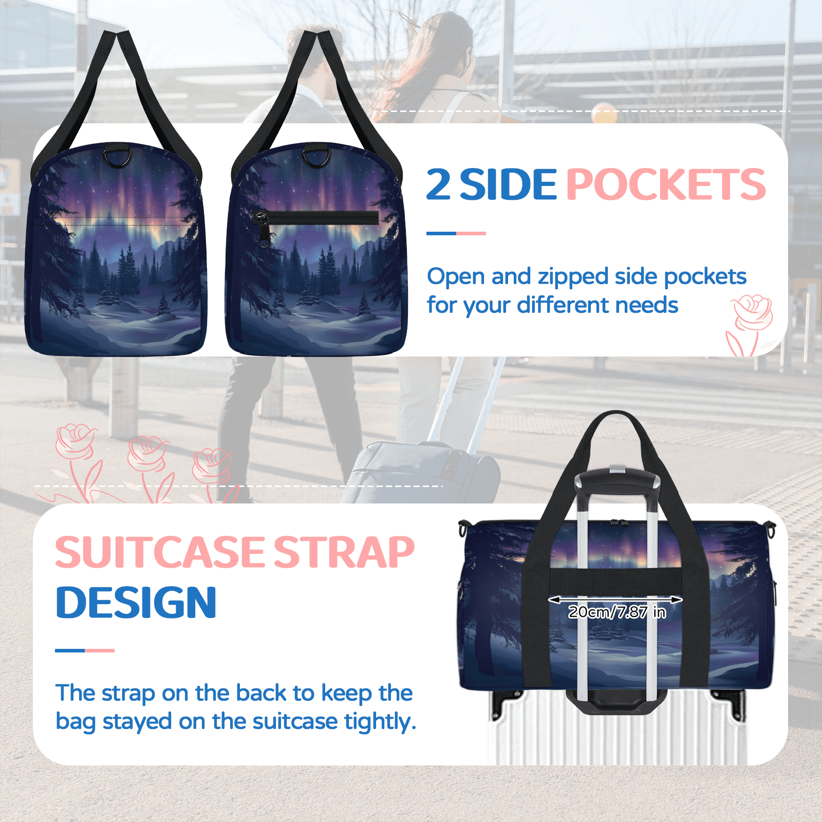 Herdesigns Northern Lights Gym Bag for Women, Duffle Bag for Travel Sport, Lightweight Waterproof Carry on Weekender Overnight Dance Yoga Workout Bags