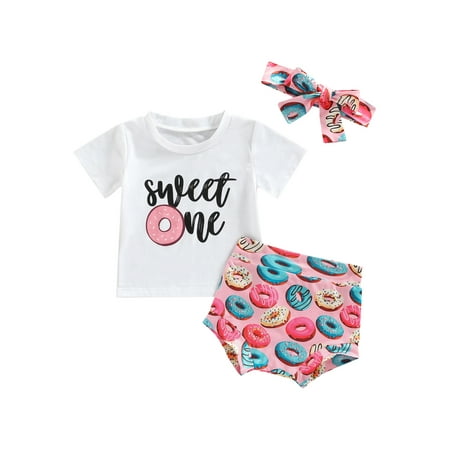 

Bagilaanoe 3pcs Newborn Baby Girls Birthday Outfits 6 12 18 24 Months Summer Letter Short Sleeve T-Shirt Tops + Donut Print Shorts + Headband