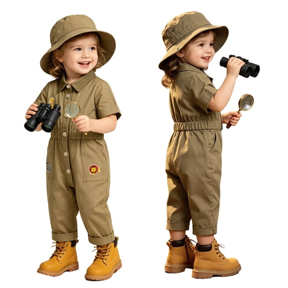TiaoBug Kids Boys Girls Short Sleeve Cargo Jumpsuit Zookeeper Overalls One Piece Jungle Explorer Trailblazer Outfit Khaki 5T
