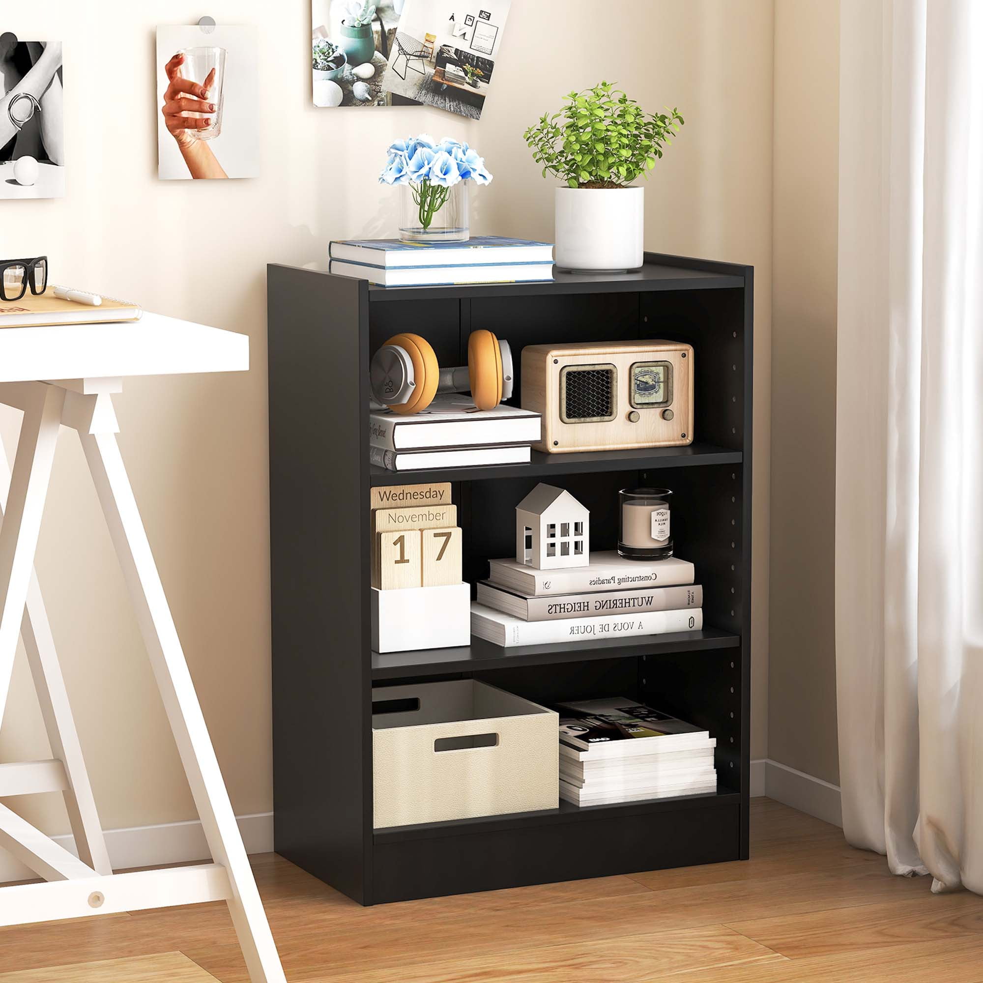 Costway 3-Tier Bookcase Open Multipurpose Display Rack Cabinet with Adjustable Shelves Black