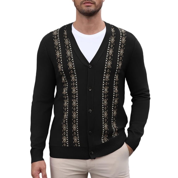 COOFADNY Mens Cardigan Sweater Vintage Striped V-Neck Long Sleeve Button Down Knitted Sweaters