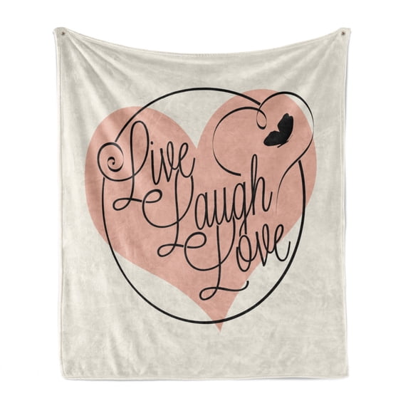 Live Laugh Love Soft Flannel Fleece Throw Blanket, Romance Valentine's Day Theme Calligraphy Art Heart Butterfly, Cozy Plush for Indoor and Outdoor Use, 70" x 90", Pale Pink Black White, by Ambesonne