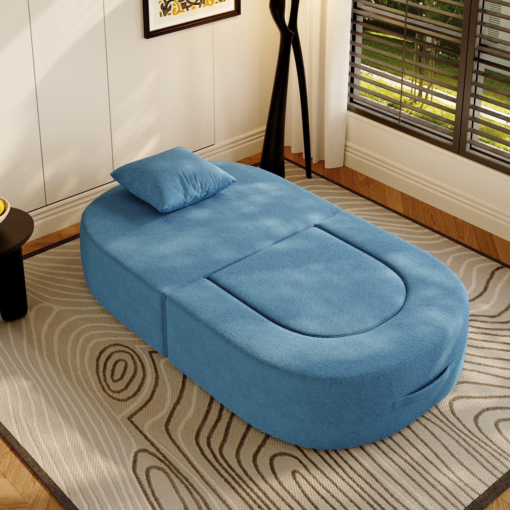 The Magic Home 41" Futon Sofa Bed Teddy Fleece Futon Couch Convertible Sleeper Floor Sofa Bed Upholstered Couch Reading Chair for Living Room, Blue Couch, No Assembly
