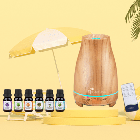 Diffuserlove 200ml Essential Oil Diffuser and 6 kinds of essential oils - Remote Control, 7 Color Lights & Auto Shut-Off for Home（Full yellow wood grain）