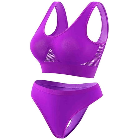 Virmaxy Womens Wirefree Sport Bras Briefs Set High Impact Workout Gym Activewear Set Workout Gathering Seamless Breathable Sports Underwear Panty Set Purple XXXXL