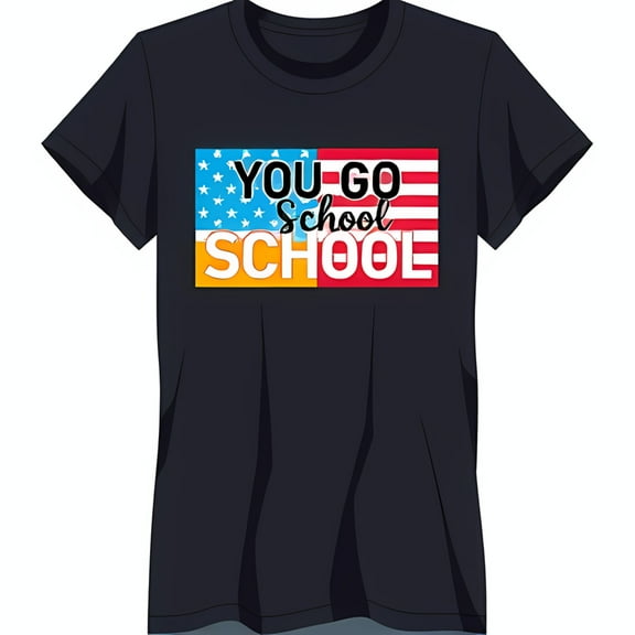 Stylish Black Graphic Tee with Patriotic Design 'You Go School' Text