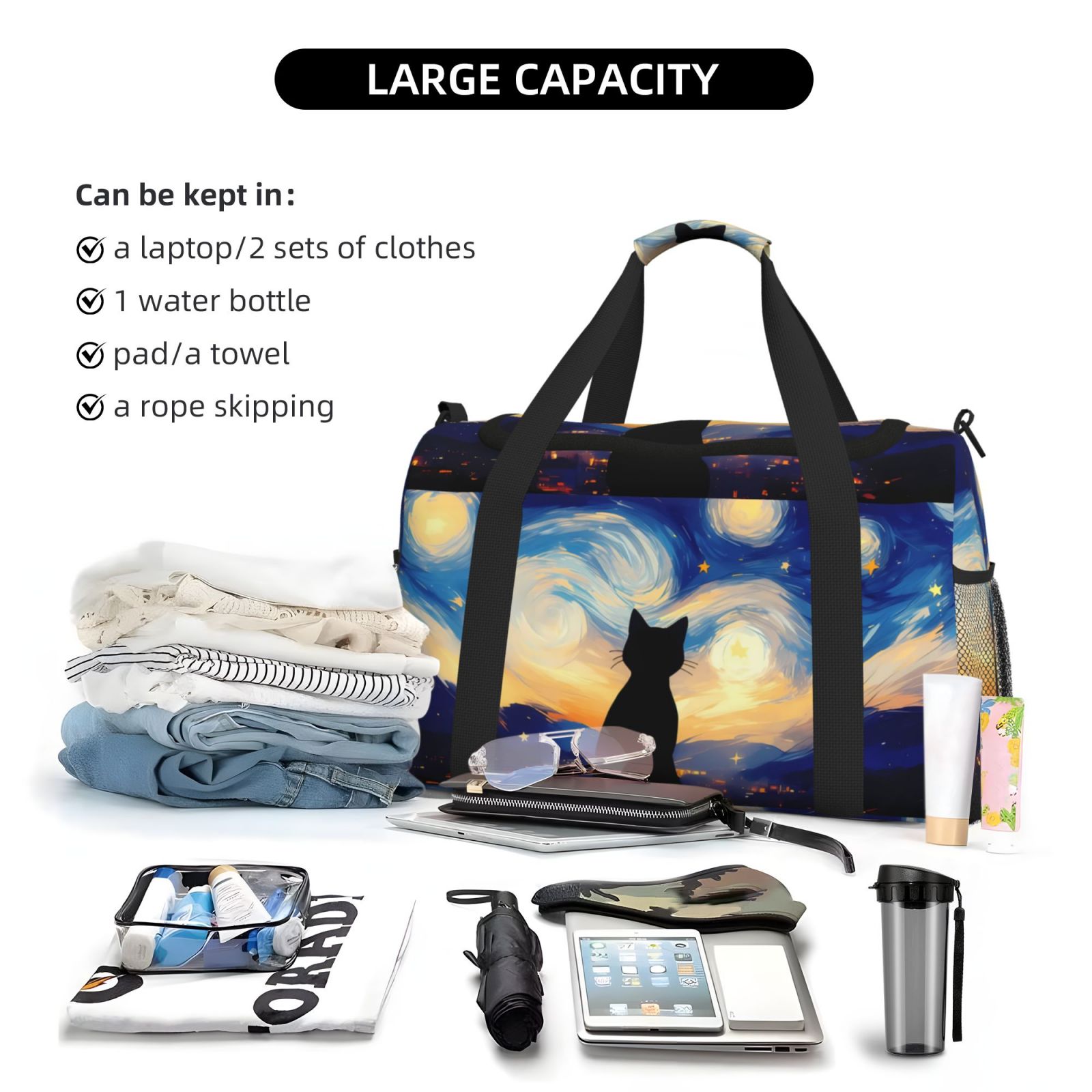 Fuzoiu Cat Under Starry Skies Print Travel Duffle Bag,Carry On Tote Bags,Duffel Bag,Sport Gym Bag, Hospital Bag for Labor and Delivery, Overnight Bag,Luggage Bag