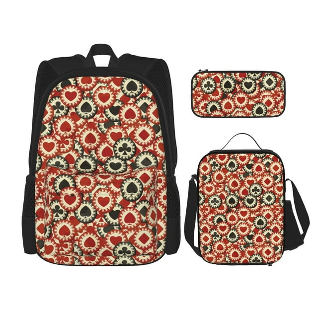Sikiie Poker Chips Print Backpack Lunch Bag Pencil Case Set, Durable Backpack Combination Three-piece Set Suitable for Campus, Office, Unisex