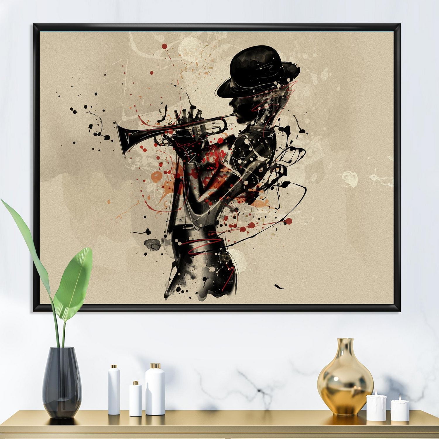 Designart Woman Playing Jazz Trumpet FLOAT FRAME WALL ART