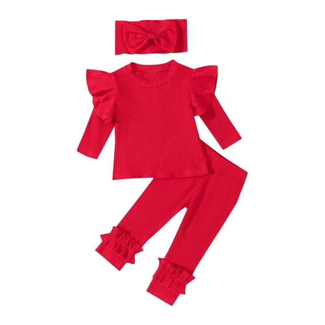 Odeerbi 0-3 Años Conjunto de Algodón de Punto Elástico Para Niñas Tops de Manga Larga Con Volantes Leggings Conjunto de Dos Piezas