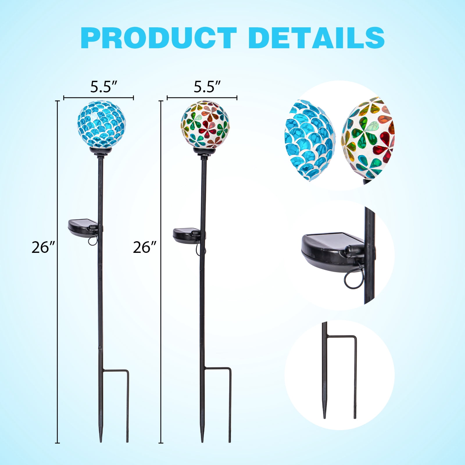 Solar Garden Decorative Lights Outdoor, Mosaic Solar Light Waterproof LED Pathway Stake Light for Landscape Patio Yard Deck Walkway Decoration, 2 Pack