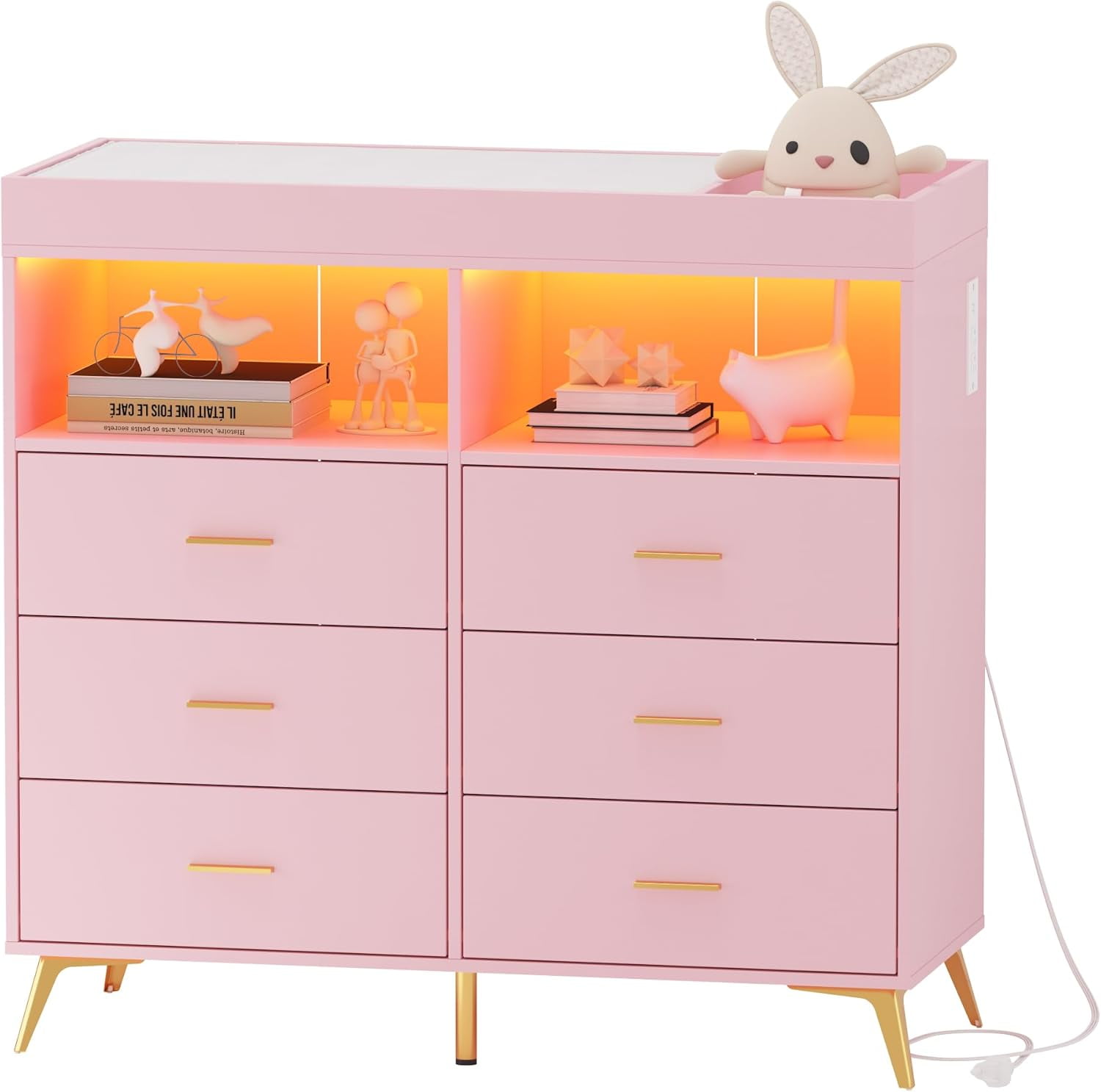 Dresser for Bedroom with 6 Drawers, Baby Changing Table Dresser with Changing Pad, LED Lights & Charging Station, Baby Changing Station with Changing Table Top