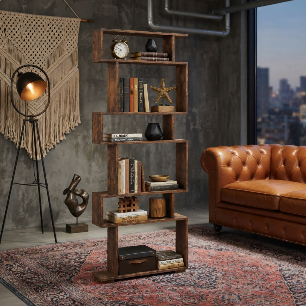 GVN 6-Tier Geometric Open Bookshelf Stylish Modern Display Bookcase with 2 Anti-Tipping Kits Stable Structure for Home Office Study Living Room Storage Furniture, Brown