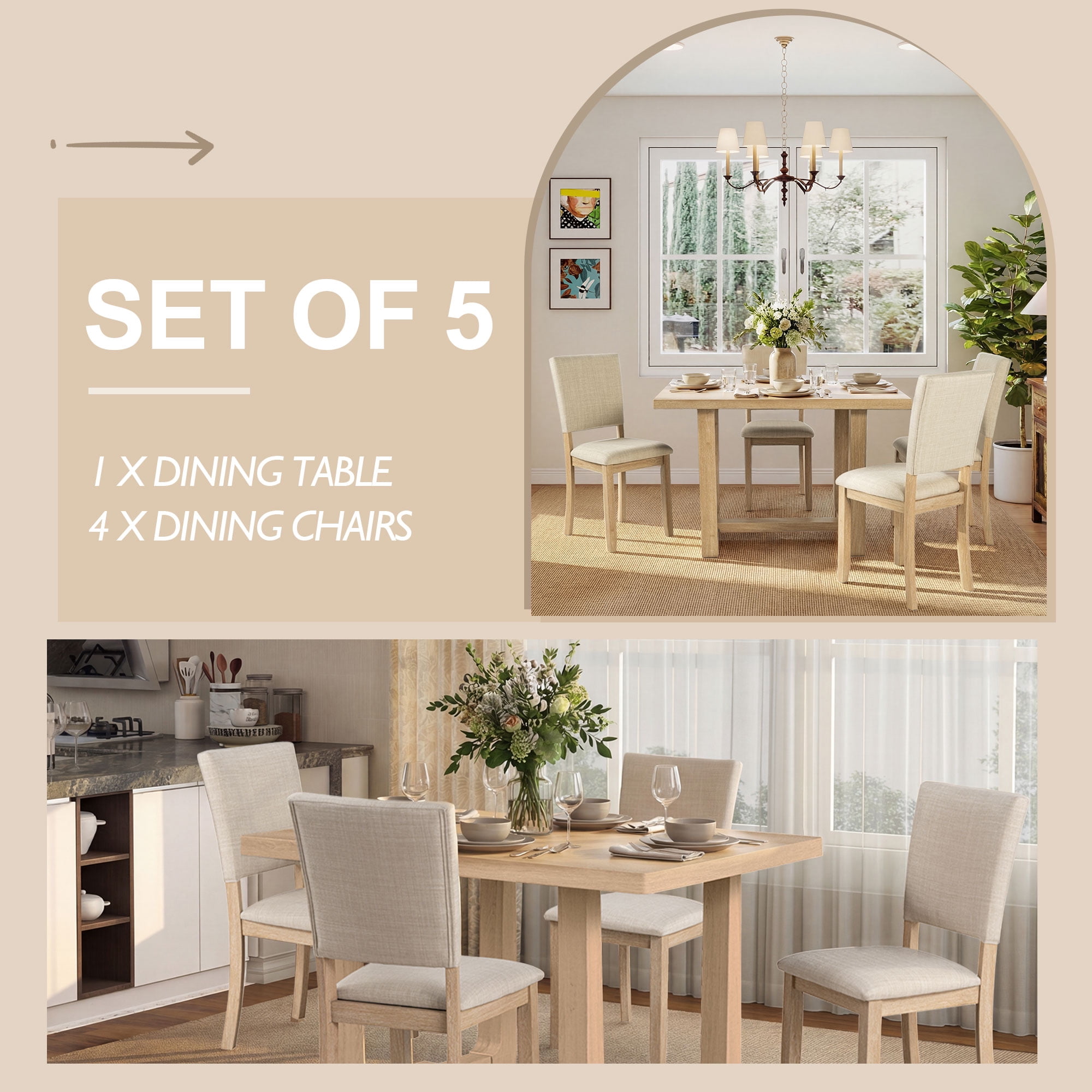 Aukfa Farmhouse 5-Piece Wood Upholstered Dining Set, Light Oak