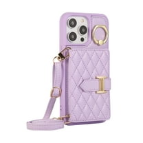 ELEHOLD Wallet Crossbody for iPhone 13 Pro Max Case with Lanyard Wrist Strap Credit Card Holder, PU Leather Protective Phone Case with Ring Holder,Purple