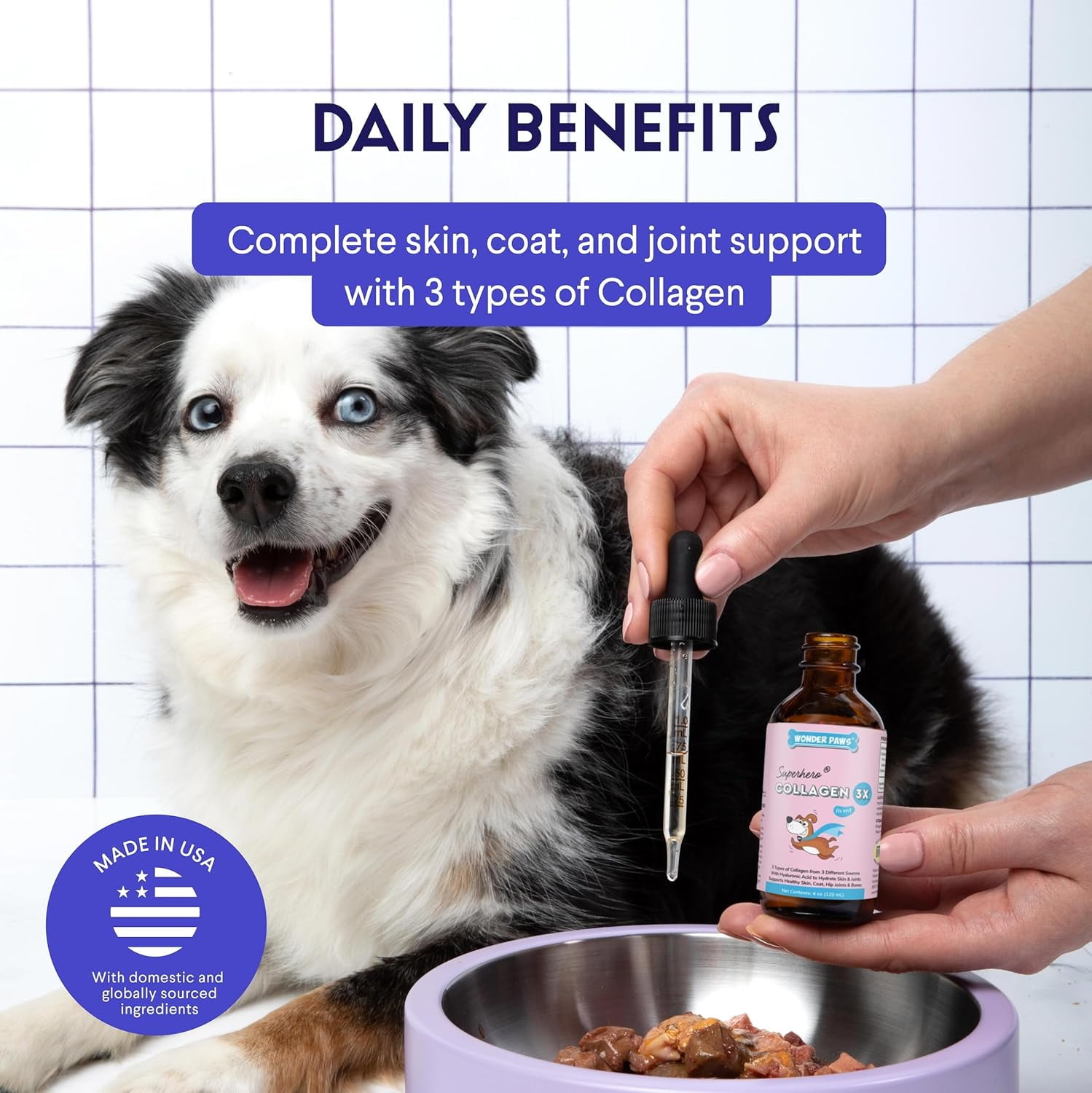 Wonder Paws Premium Collagen Supplement for Dogs – Skin, Coat & Joint Support – Liquid with Hyaluronic Acid – 4 oz