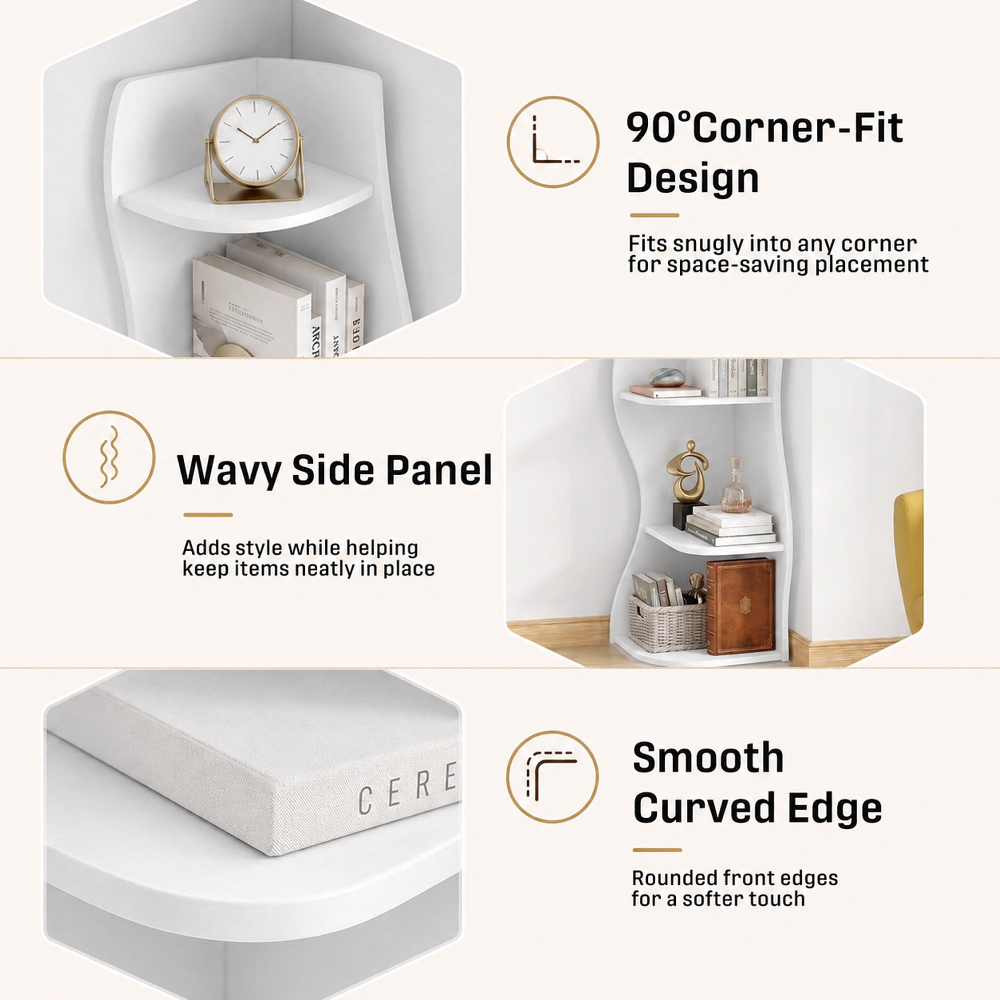 5-Tier Corner Shelf S-Shaped with Curved Modern Design, Freestanding Display Rack and Bookshelf Plant Stand for Living Room Bedroom Bathroom, White