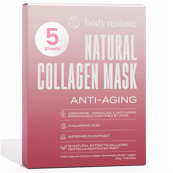 Body Restore Natural Collagen Face Mask 5 Pack – Korean Skin Care Sheet Mask with Fermented Coconut Water – Birthday Gifts for Women & Men, Support Deep Moisture, Dry Skin, Clean Beauty - Anti Aging
