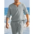 thumbnail image 4 of Michellecmm Men's Cotton Linen Clothes Solid Color Long Sleeve Henley Shirt + Elastic Waist Drawstring Pants 2 Pieces Loungewear Set, 4 of 7