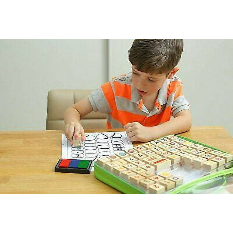 Wooden Stamp Set for Kids with Alphabet Stamps and Carry Case 72 Pcs –  Letters, Numbers, Emojis, 3-Color Washable Ink Pad, 3 refill bottles,  Activity