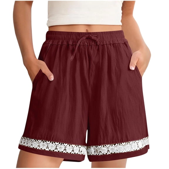 SBYOJLPB Women's Linen Short Pants Hollowed Out Lace Elastic Waist Drawstring Shorts and Trousers