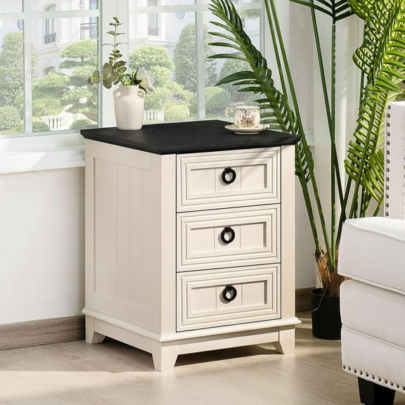 Farmhouse Nightstand, 18 Inch End Table with 3 Drawer Metal Handle, Dresser for Bedroom, Sofa Bed Side Table Chest of Drawers, Wood Night Stand Cabinet for Organizer, Living Room - White