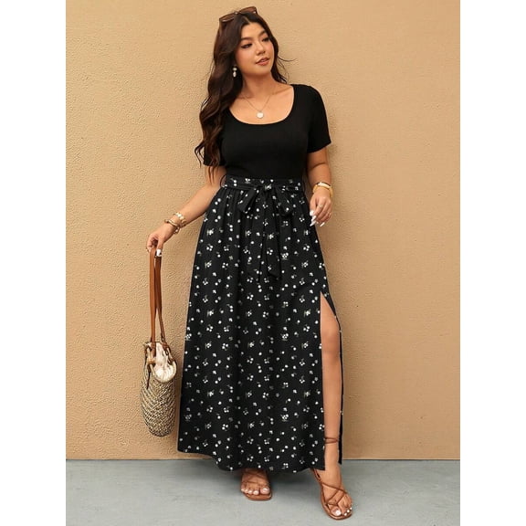 Plus Size Women Vacation Ditsy Floral Maxi Dress with Side Slit and Tie Waist