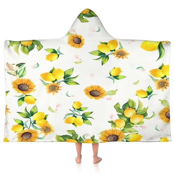 Yellow Lemon Fruit Sunflowers White Pattern Hooded Bath Towel,50"x30" for Ages 3 To 12 Kids, Quick Dry Lightweight Soft Microfiber Hood Beach Towel Cover Up for Kids