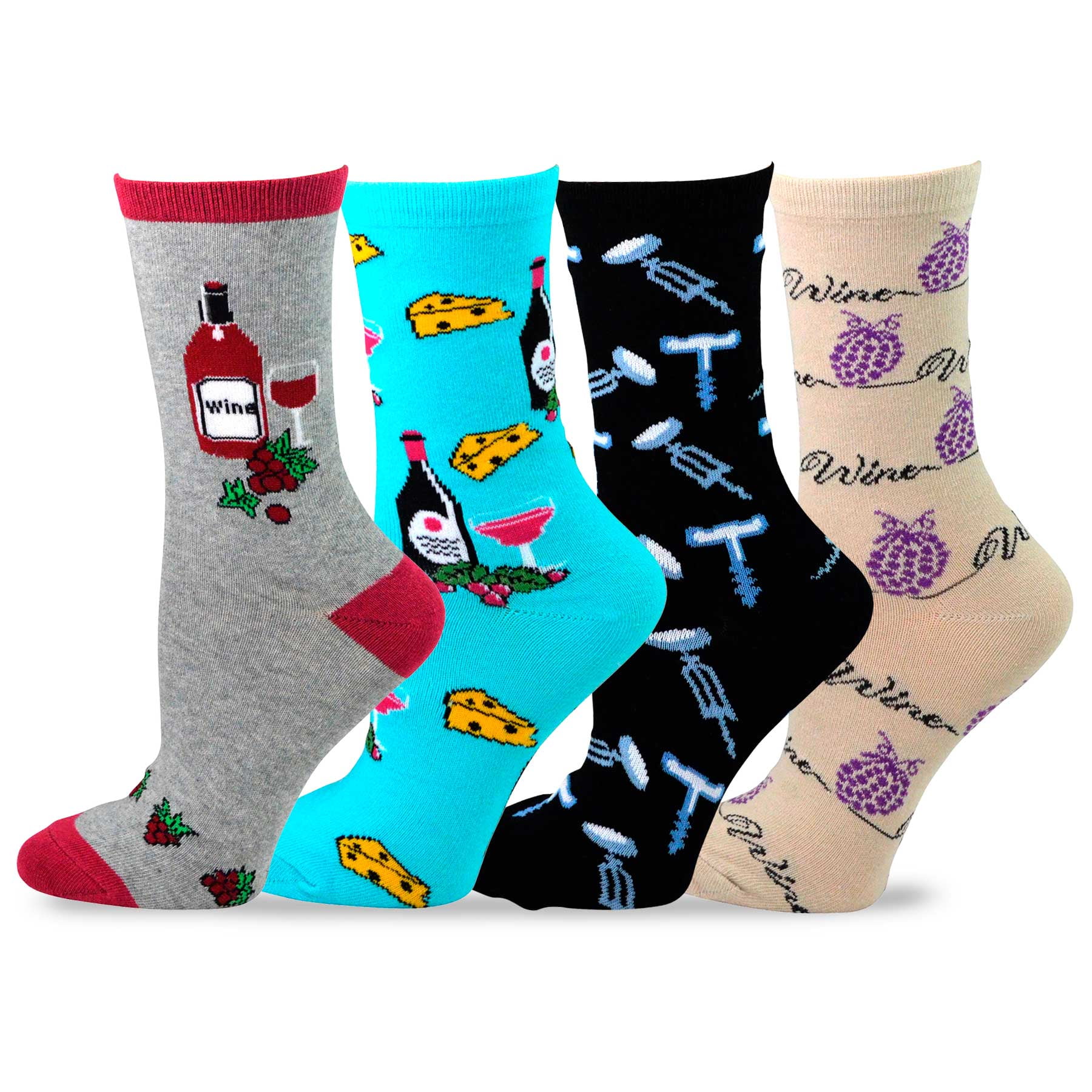 TeeHee Women's Foods Theme Cotton Crew Socks 4Pack (Wine)